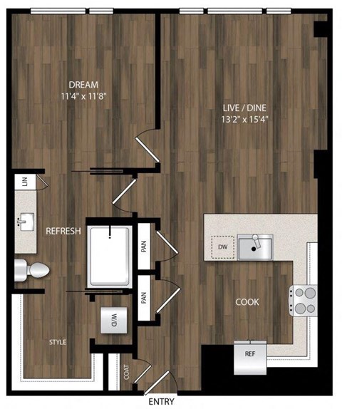 Floor plan for 1 bed, 1 bath, 803 sqft